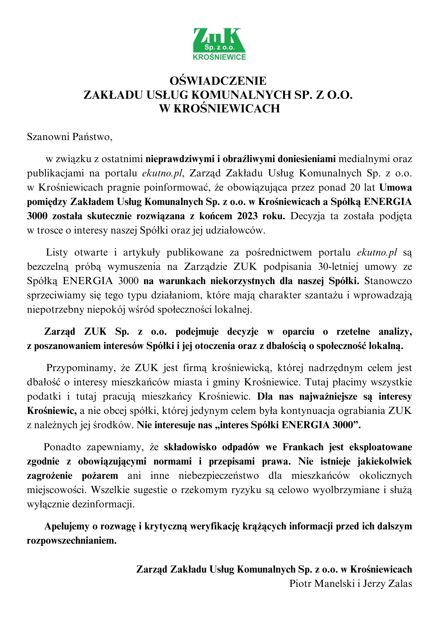 OŚWIADCZENIE ZAKŁADU USŁUG KOMUNALNYCH SP. Z O.O. W KROŚNIEWICACH